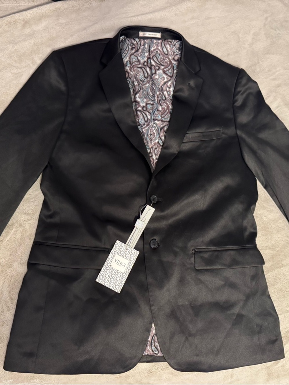 VINCI Men's Black Satin Sport Coat with Paisley Lining